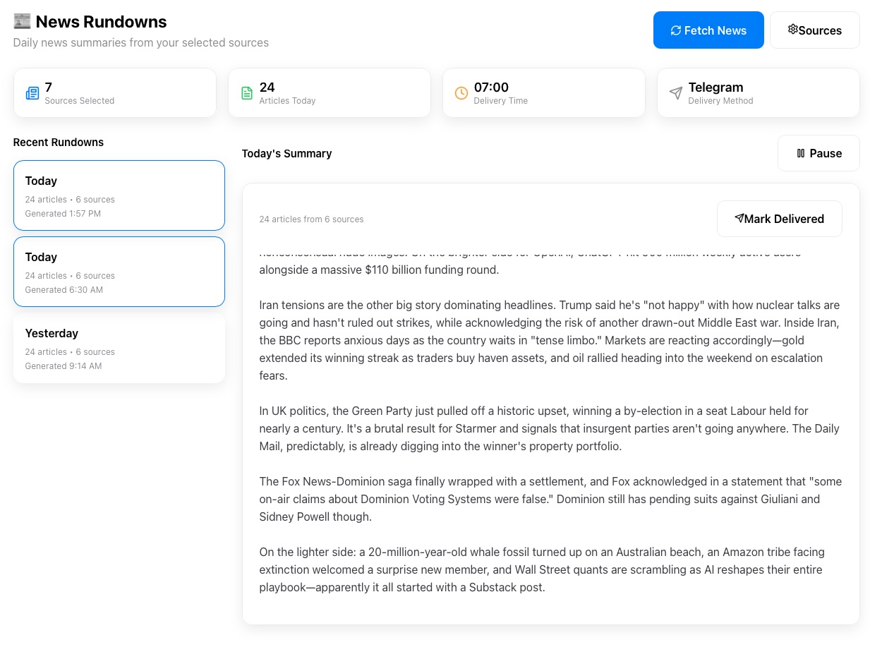News Rundowns — daily curated summaries from your sources