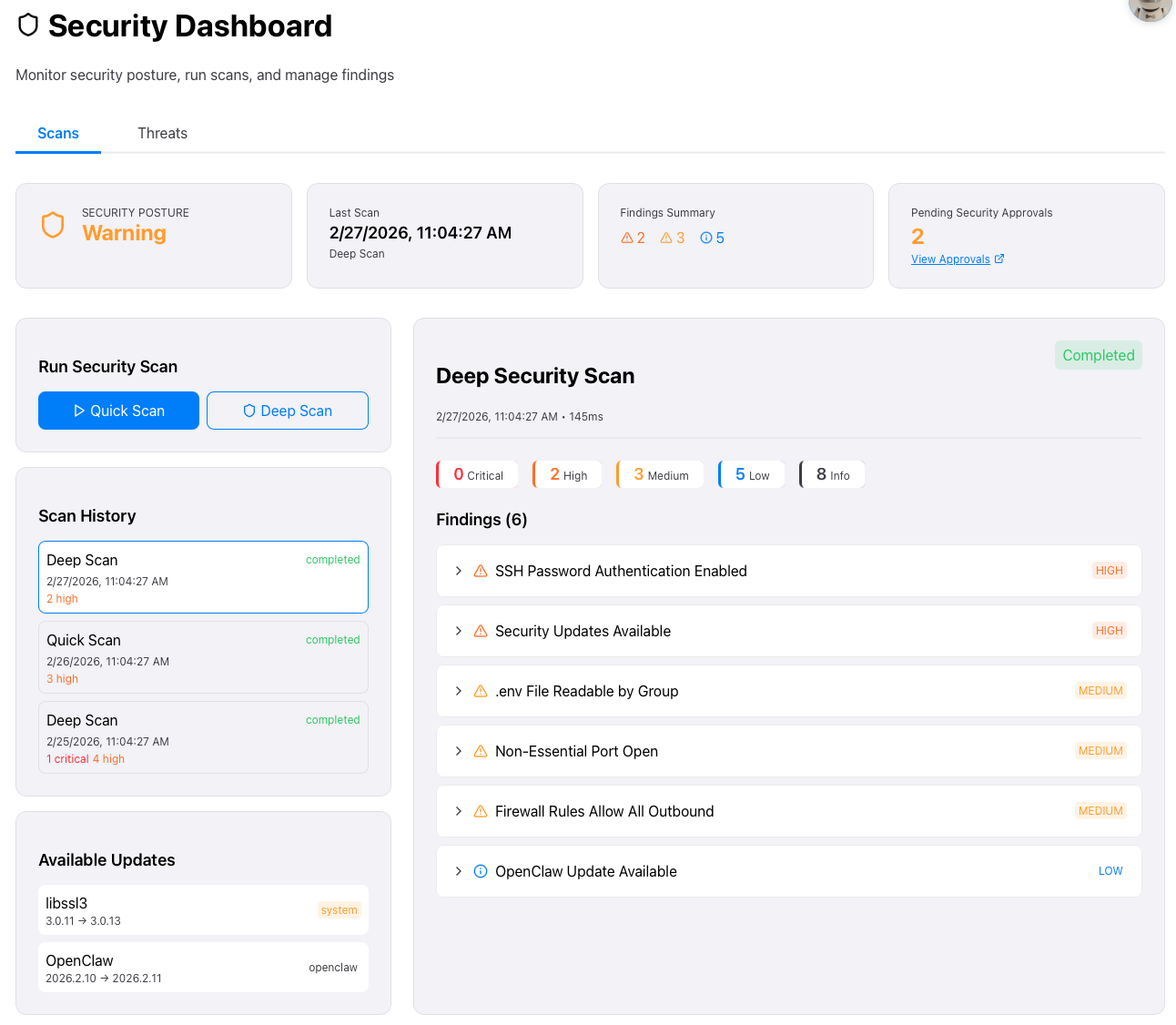 Security Dashboard — scan results and findings