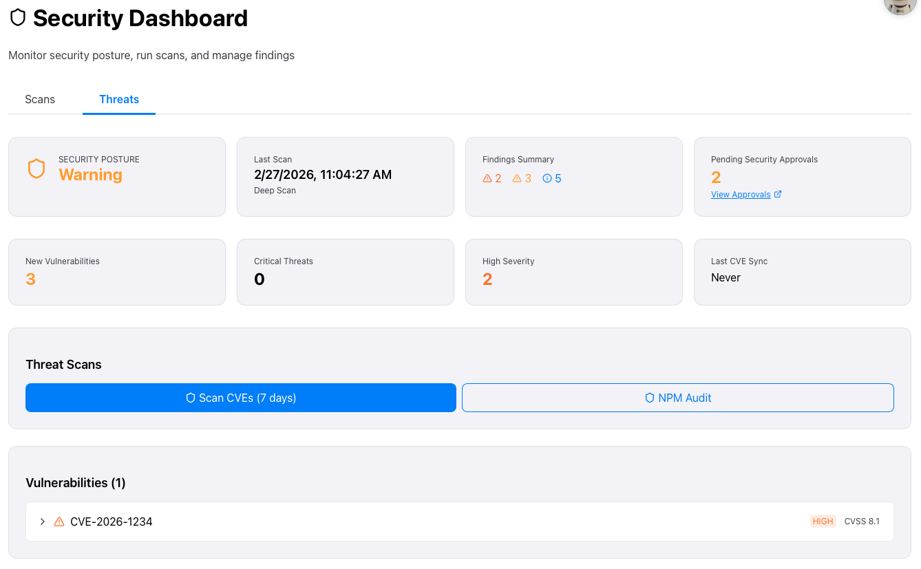 Security Dashboard — CVE threat monitoring